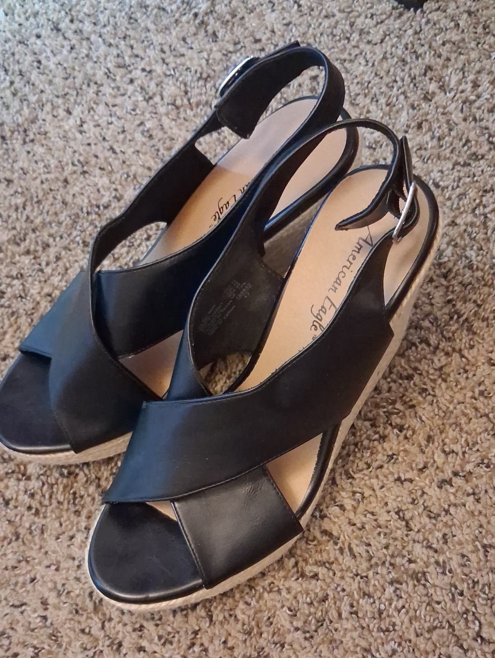 American Eagle Black Leather Slingback Wedge Sandals